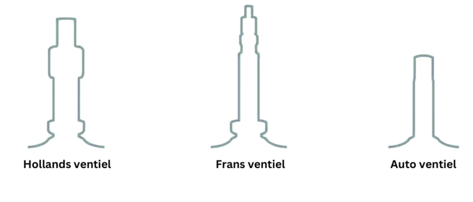 De verschillende soorten ventielen voor een fietsband op te pompen: het Hollands ventiel, het Frans ventiel en het auto ventiel.